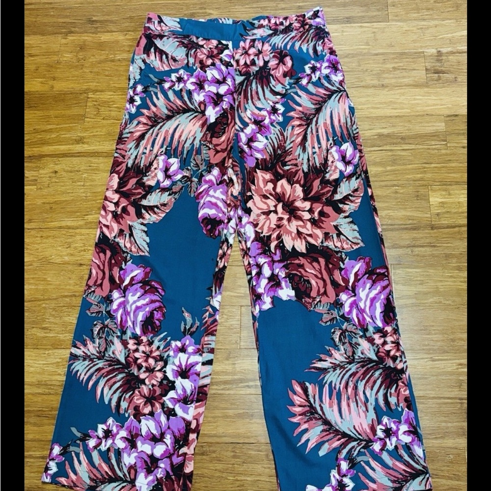 Soft Surroundings Yesenia Wide Leg Blue Pink Floral Pants Rayon Pockets Large